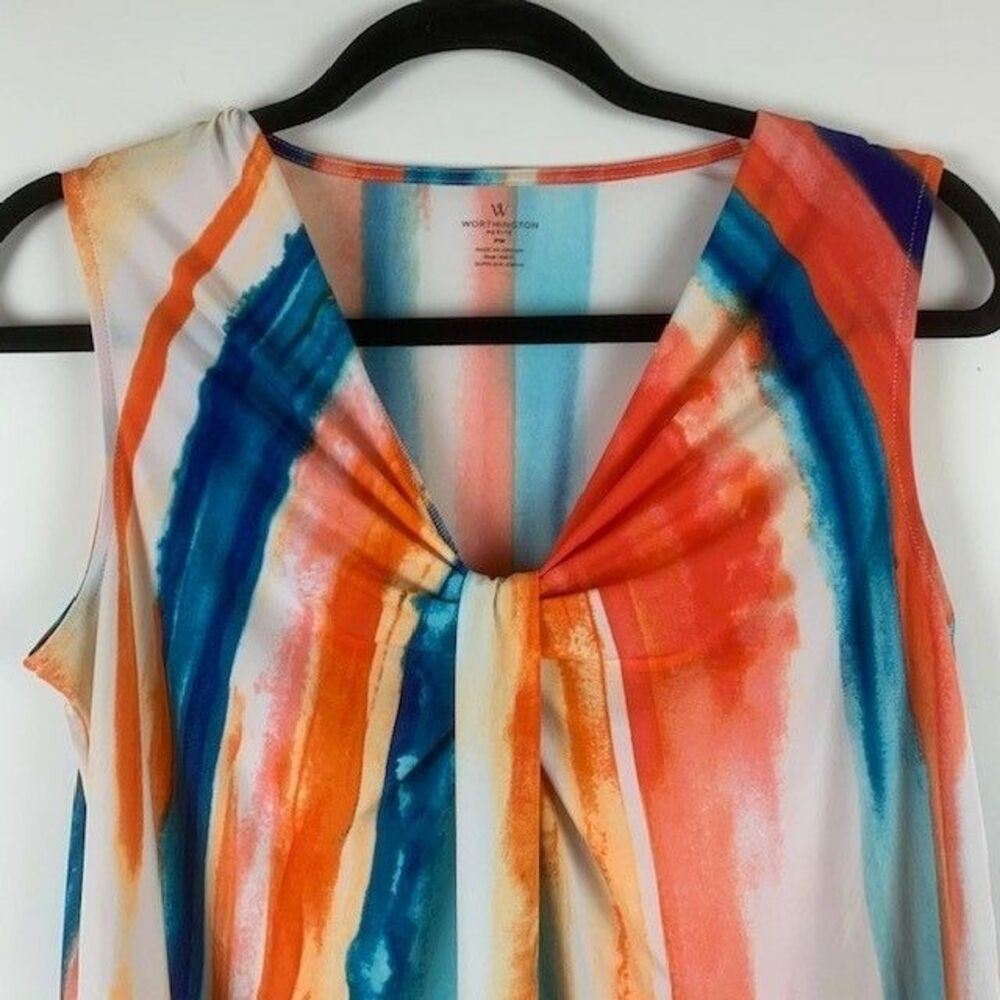 Worthington Size PM Womans Top Striped Sleeveless V Neck Orange Teal - Picture 3 of 5